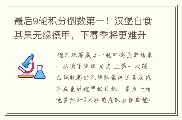 最后9轮积分倒数第一!汉堡自食其果无缘德甲,下赛季将更难升级
