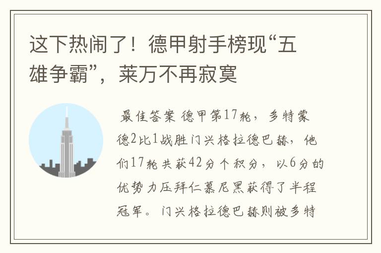 这下热闹了!德甲射手榜现“五雄争霸”,莱万不再寂寞
