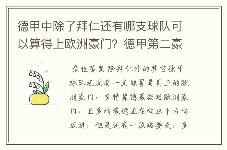 德甲中除了拜仁还有哪支球队可以算得上欧洲豪门?德甲第二豪门是谁?国家德比是拜仁对谁?