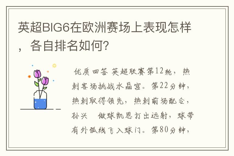 英超BIG6在欧洲赛场上表现怎样,各自排名如何?