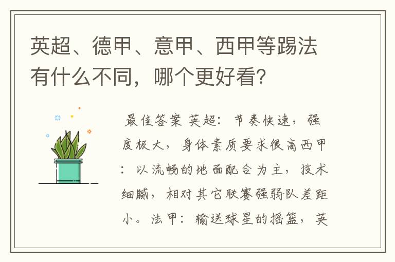 英超、德甲、意甲、西甲等踢法有什么不同,哪个更好看?