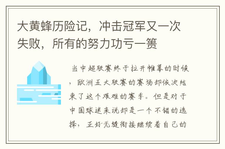 大黄蜂历险记,冲击冠军又一次失败,所有的努力功亏一篑