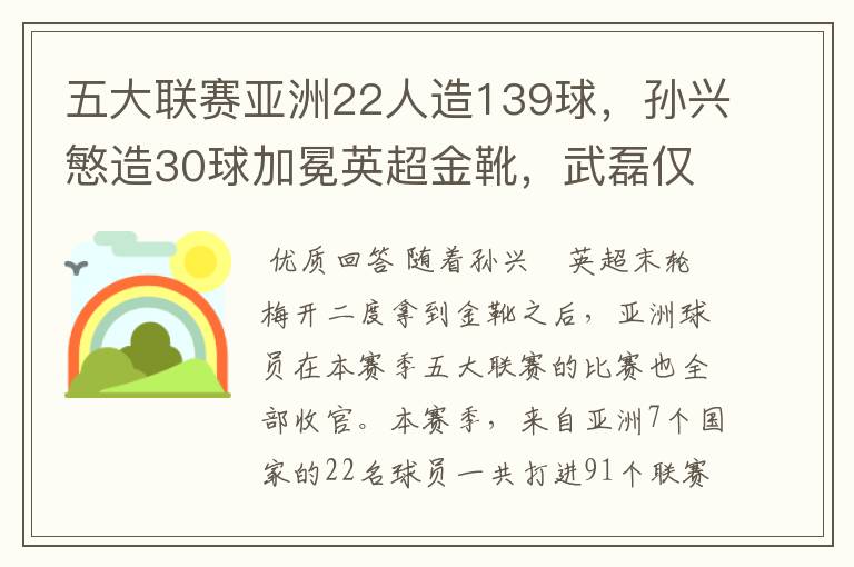 五大联赛亚洲22人造139球,孙兴慜造30球加冕英超金靴,武磊仅1球