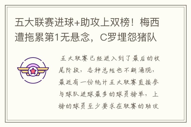 五大联赛进球+助攻上双榜!梅西遭拖累第1无悬念,C罗埋怨猪队友