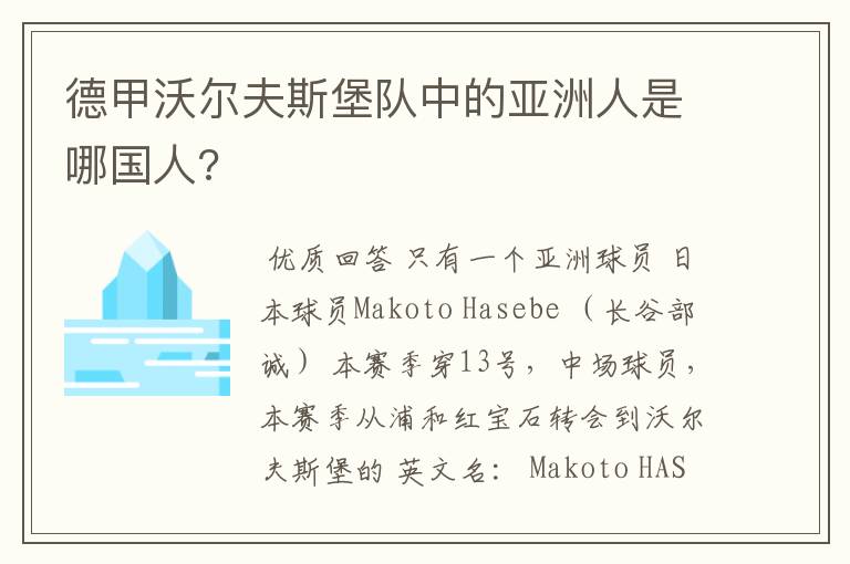 德甲沃尔夫斯堡队中的亚洲人是哪国人?