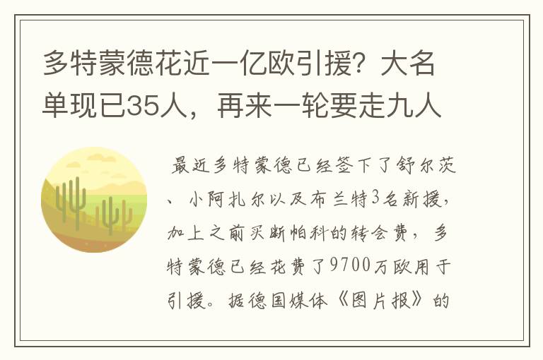 多特蒙德花近一亿欧引援?大名单现已35人,再来一轮要走九人