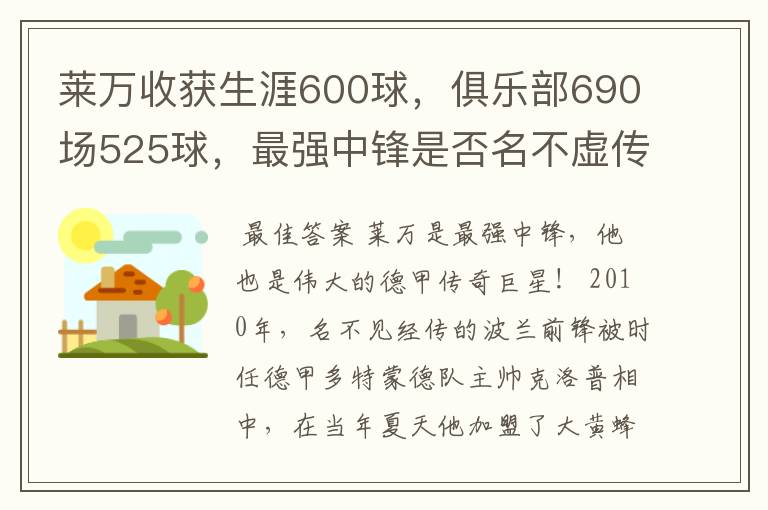 莱万收获生涯600球,俱乐部690场525球,最强中锋是否名不虚传?