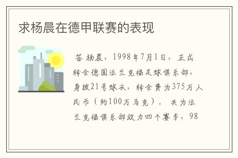 求杨晨在德甲联赛的表现