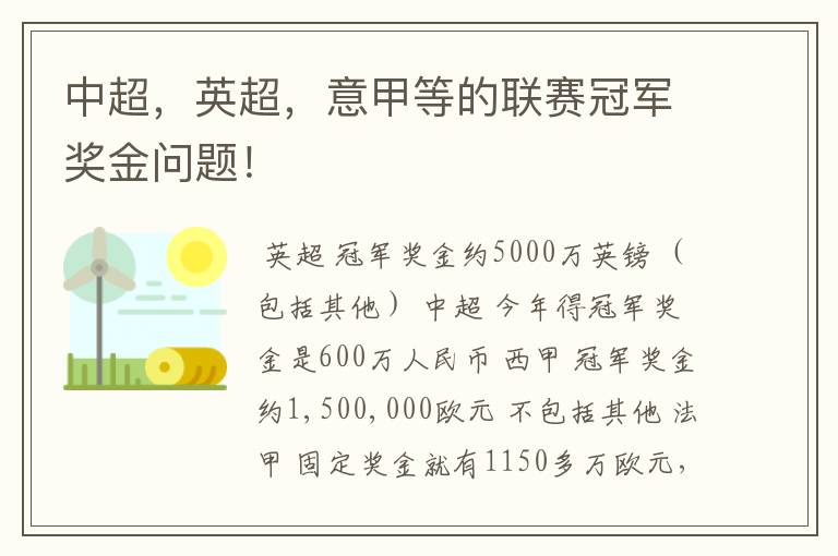 中超,英超,意甲等的联赛冠军奖金问题!