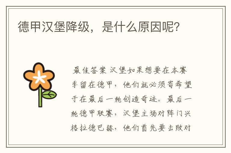 德甲汉堡降级,是什么原因呢?