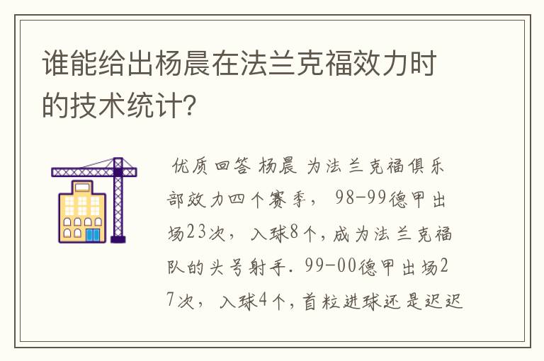 谁能给出杨晨在法兰克福效力时的技术统计?