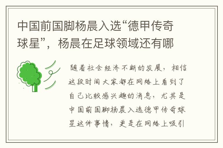 中国前国脚杨晨入选“德甲传奇球星”,杨晨在足球领域还有哪些成就?