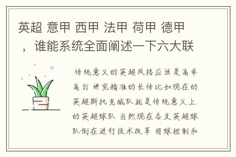 英超 意甲 西甲 法甲 荷甲 德甲 ,谁能系统全面阐述一下六大联赛风格的优缺点 ,
