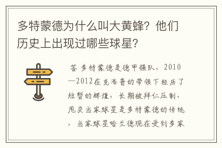 多特蒙德为什么叫大黄蜂?他们历史上出现过哪些球星?