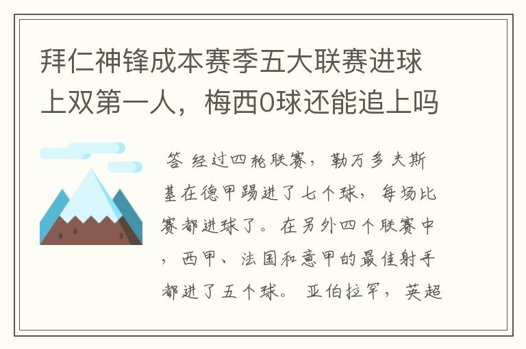 拜仁神锋成本赛季五大联赛进球上双第一人,梅西0球还能追上吗?