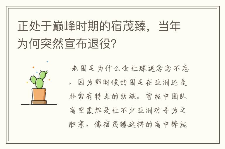 正处于巅峰时期的宿茂臻，当年为何突然宣布退役？