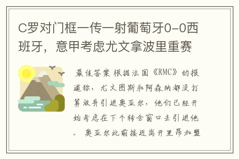 C罗对门框一传一射葡萄牙0-0西班牙,意甲考虑尤文拿波里重赛