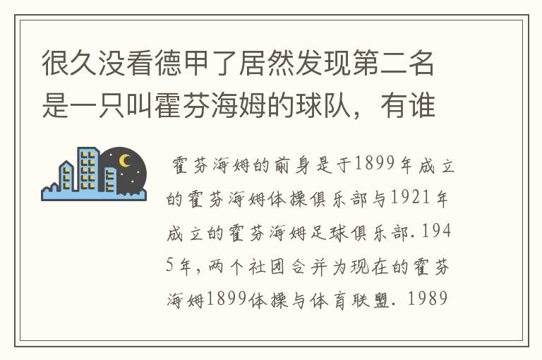 很久没看德甲了居然发现第二名是一只叫霍芬海姆的球队,有谁知道吗