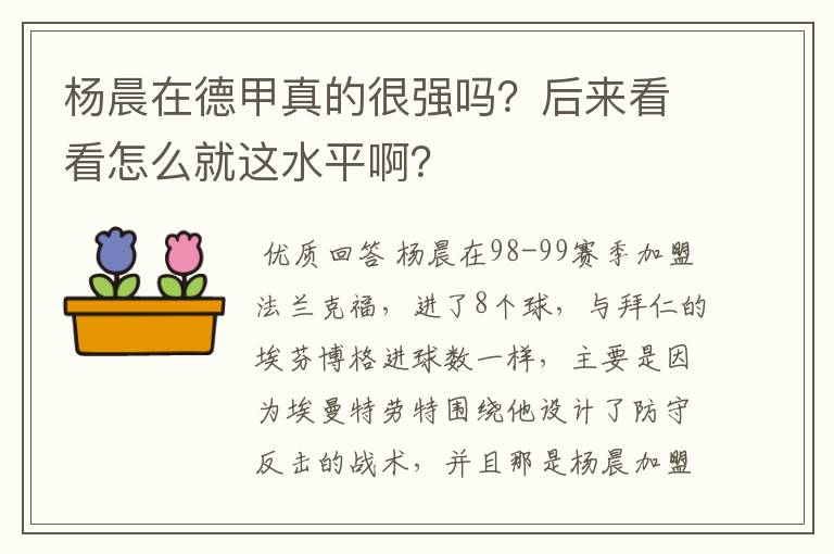 杨晨在德甲真的很强吗?后来看看怎么就这水平啊?