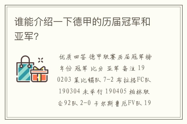 谁能介绍一下德甲的历届冠军和亚军?