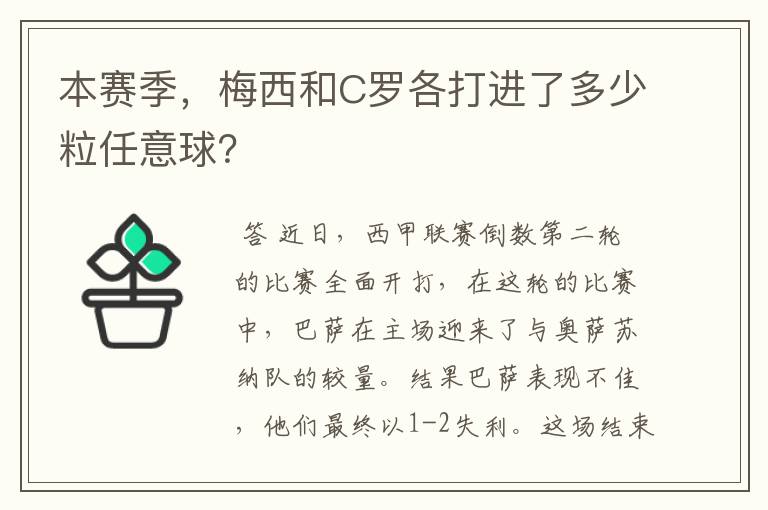 本赛季,梅西和C罗各打进了多少粒任意球?