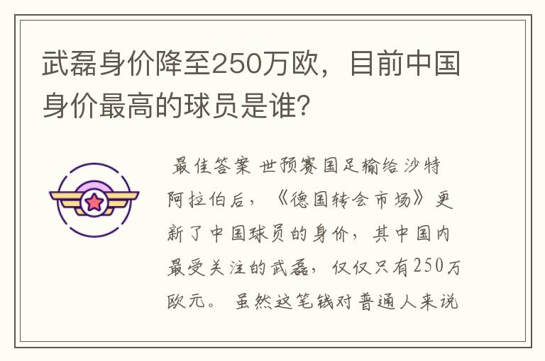 武磊身价降至250万欧,目前中国身价最高的球员是谁?