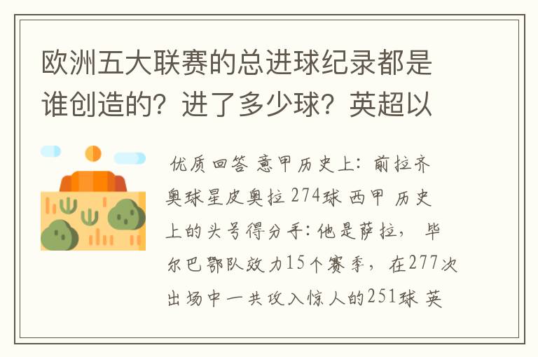 欧洲五大联赛的总进球纪录都是谁创造的？进了多少球？英超以前的英甲总进球纪录又是谁创造的？进了多少球