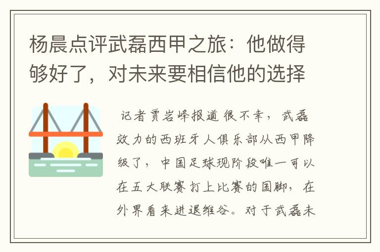杨晨点评武磊西甲之旅:他做得够好了,对未来要相信他的选择