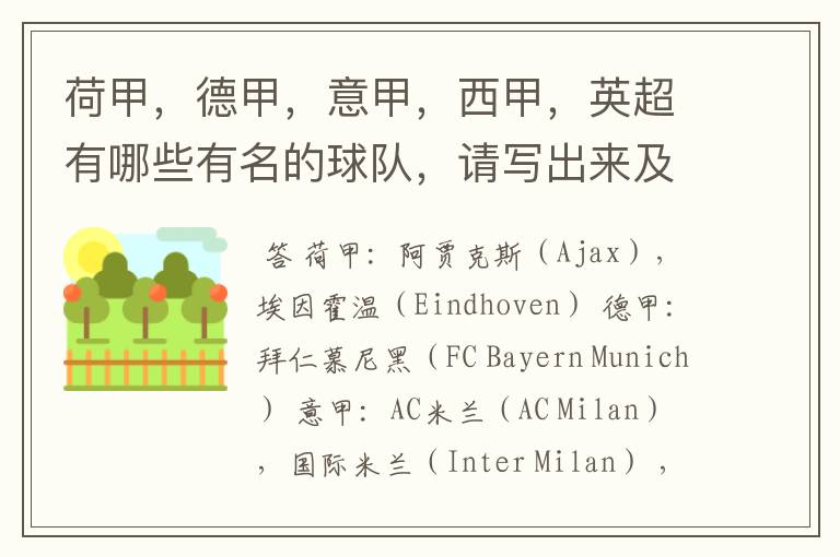 荷甲,德甲,意甲,西甲,英超有哪些有名的球队,请写出来及他们的英文名?