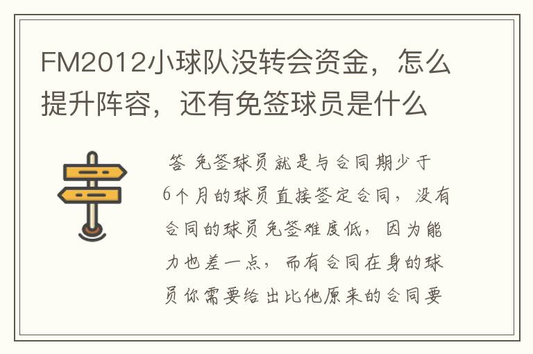 FM2012小球队没转会资金,怎么提升阵容,还有免签球员是什么意思?顺便推荐下好的外援,我是中甲球队。