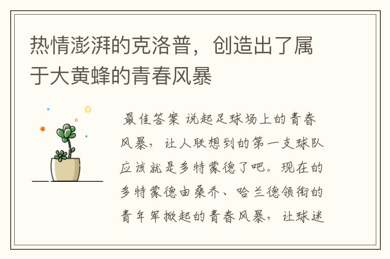 热情澎湃的克洛普,创造出了属于大黄蜂的青春风暴