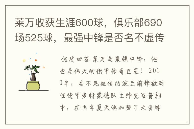 莱万收获生涯600球,俱乐部690场525球,最强中锋是否名不虚传?