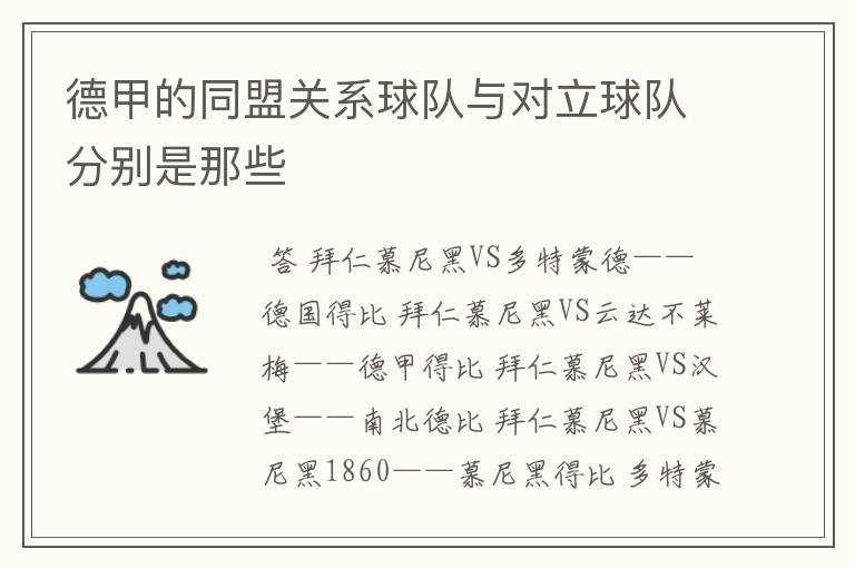 德甲的同盟关系球队与对立球队分别是那些