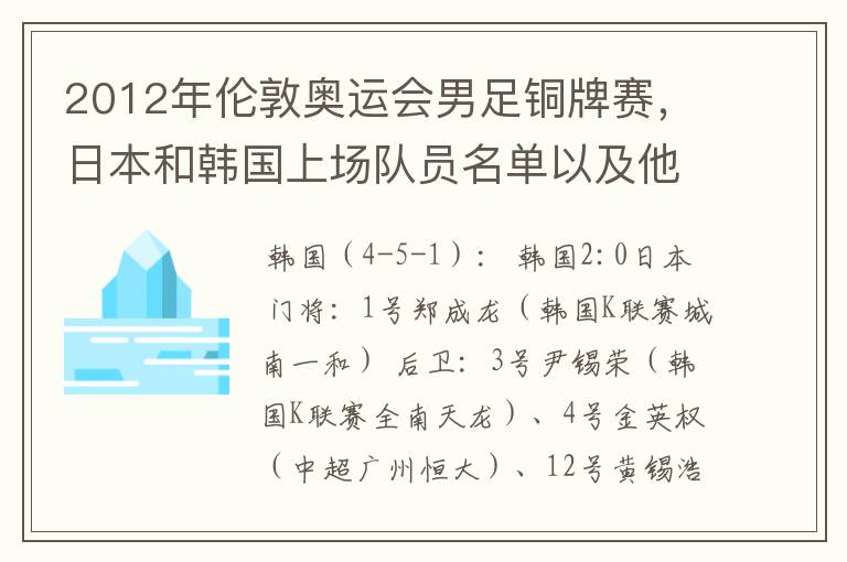 2012年伦敦奥运会男足铜牌赛,日本和韩国上场队员名单以及他们效力的俱乐部?