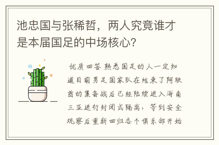 池忠国与张稀哲,两人究竟谁才是本届国足的中场核心?