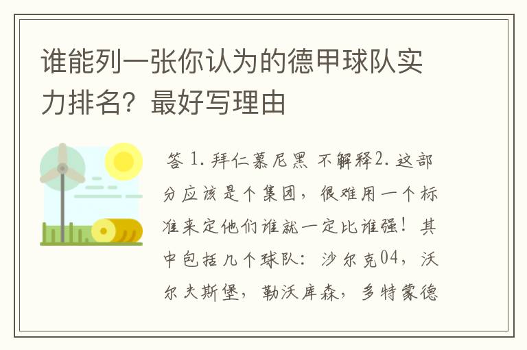 谁能列一张你认为的德甲球队实力排名?最好写理由