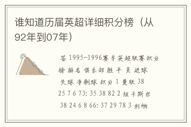 谁知道历届英超详细积分榜(从92年到07年)