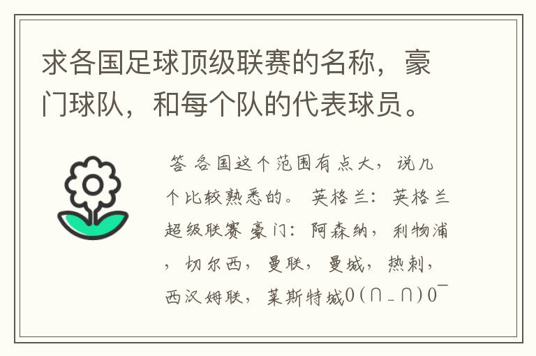 求各国足球顶级联赛的名称,豪门球队,和每个队的代表球员。