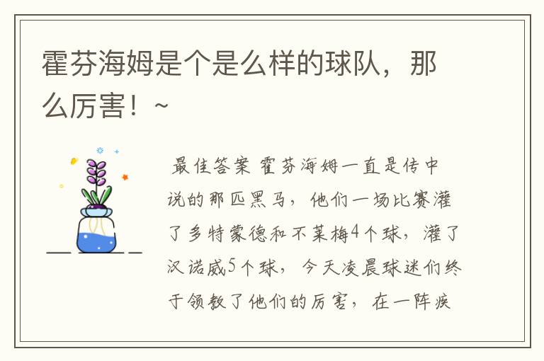 霍芬海姆是个是么样的球队,那么厉害!~