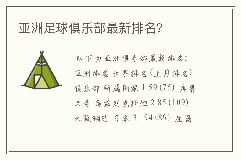 亚洲足球俱乐部最新排名?