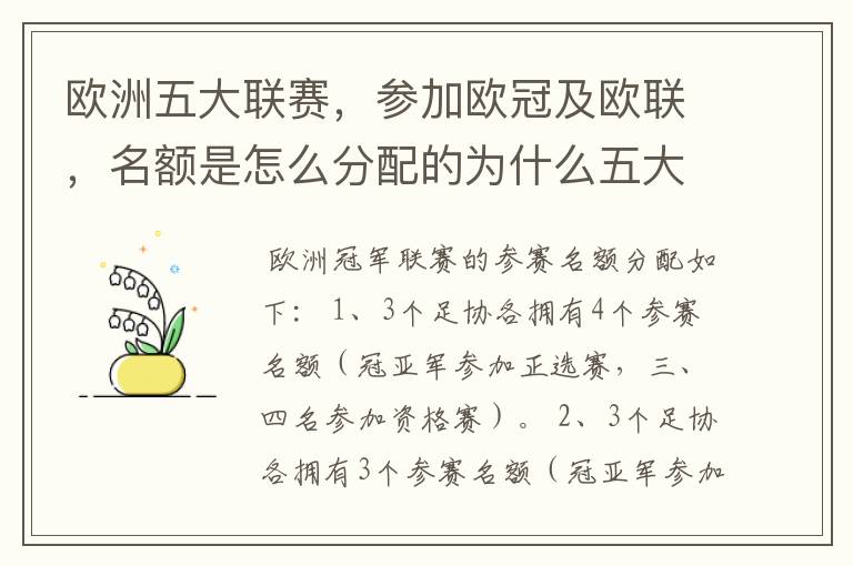 欧洲五大联赛,参加欧冠及欧联,名额是怎么分配的为什么五大联赛只有法甲