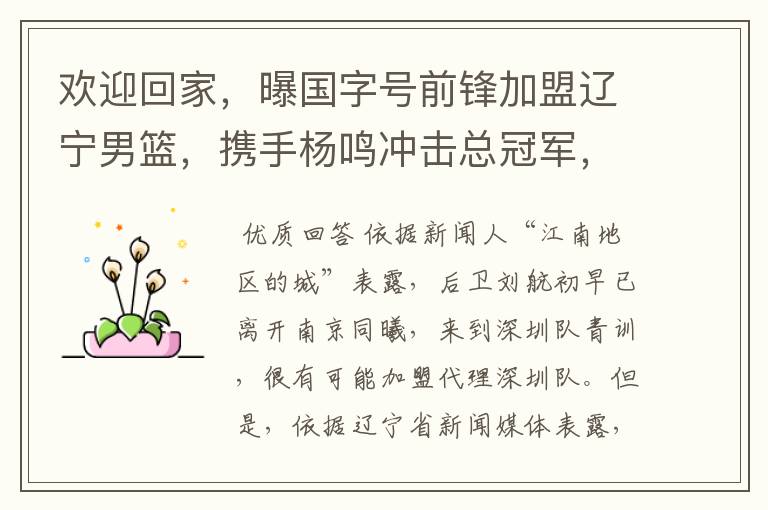 欢迎回家,曝国字号前锋加盟辽宁男篮,携手杨鸣冲击总冠军,你怎么看?