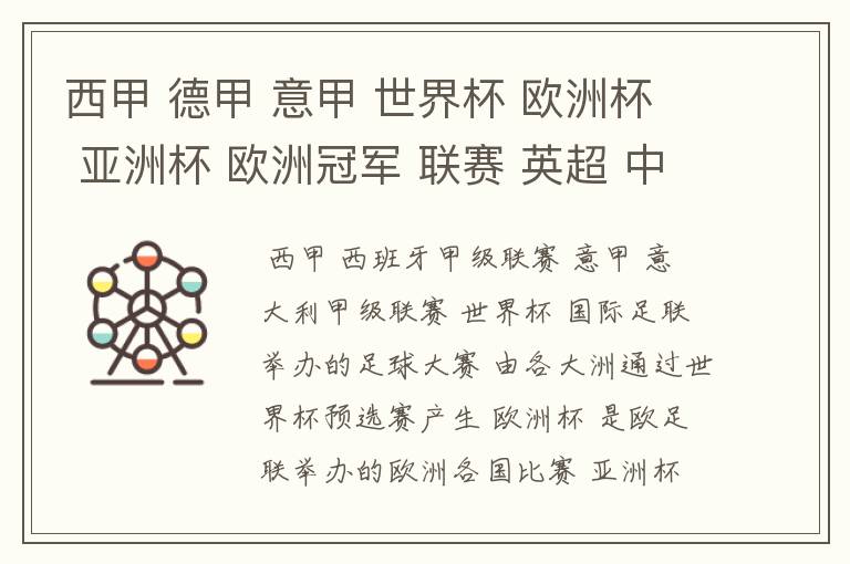 西甲 德甲 意甲 世界杯 欧洲杯 亚洲杯 欧洲冠军 联赛 英超 中超 分别是什么意思啊?
