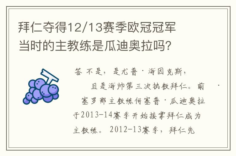 拜仁夺得12/13赛季欧冠冠军当时的主教练是瓜迪奥拉吗?