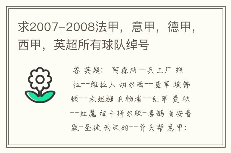 求2007-2008法甲,意甲,德甲,西甲,英超所有球队绰号