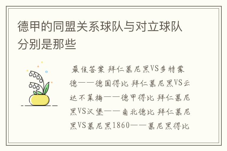 德甲的同盟关系球队与对立球队分别是那些