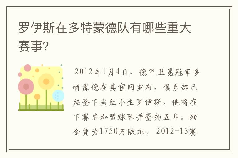 罗伊斯在多特蒙德队有哪些重大赛事?