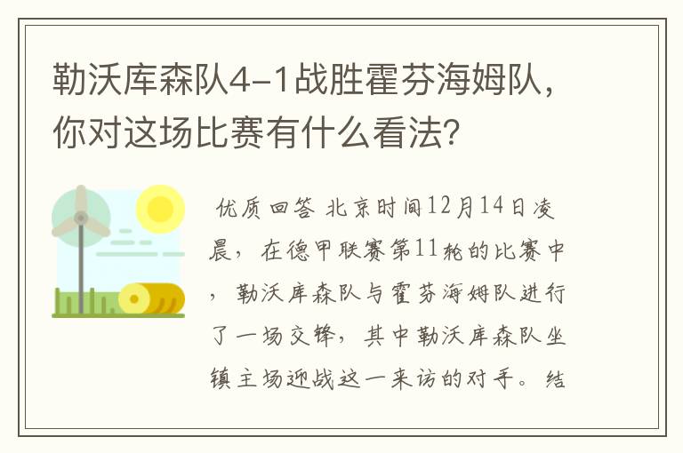 勒沃库森队4-1战胜霍芬海姆队,你对这场比赛有什么看法?