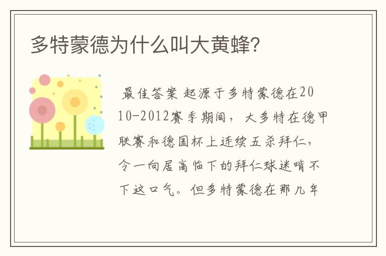 多特蒙德为什么叫大黄蜂?