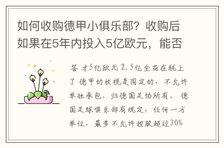 如何收购德甲小俱乐部?收购后如果在5年内投入5亿欧元,能否打造成和拜仁一样的豪门?多少年能收回成本?